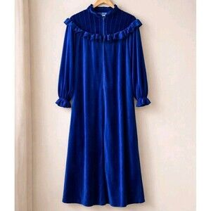 Vintage 60s Lara Dee by Charm Blue Velour Hostess Robe M Retro Glam Mid Century